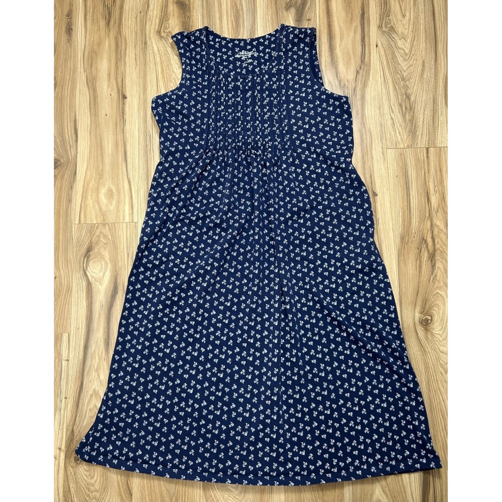 Vermont Country Store Jumper Dress Sz L Blue Floral Pintuck Cotton Knit Pockets
